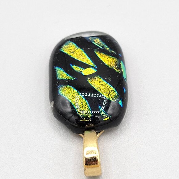 Dichroic Glass Pendant With Gold Tone Bail Shiny Glittery Green Black - Picture 4 of 7